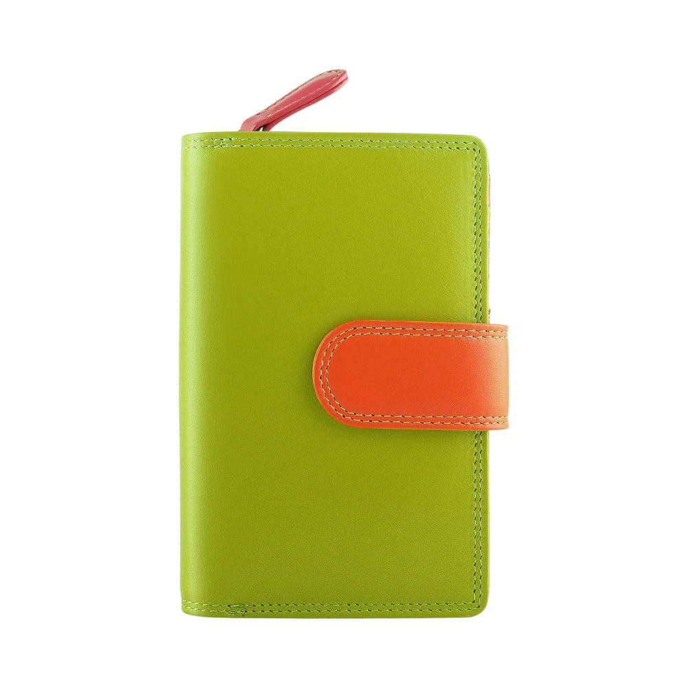 Front view of Green wallet with an orange strap on a white background