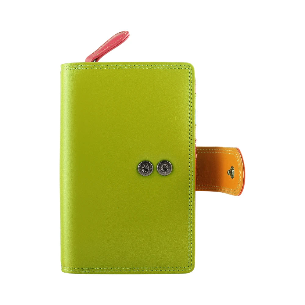 Green leather purse with a pink pen on a white background