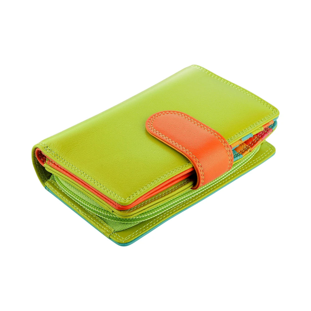 Green wallet with orange flap on a white background