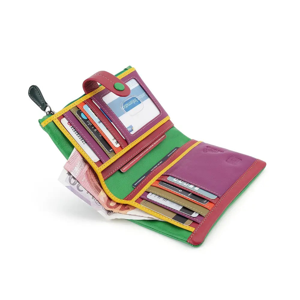 Inside view of wallet with card slots and money compartments on a white background