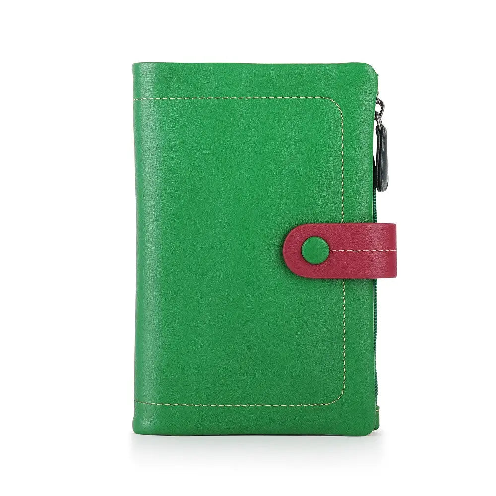 Front view of Green leather wallet with a red strap on a white background