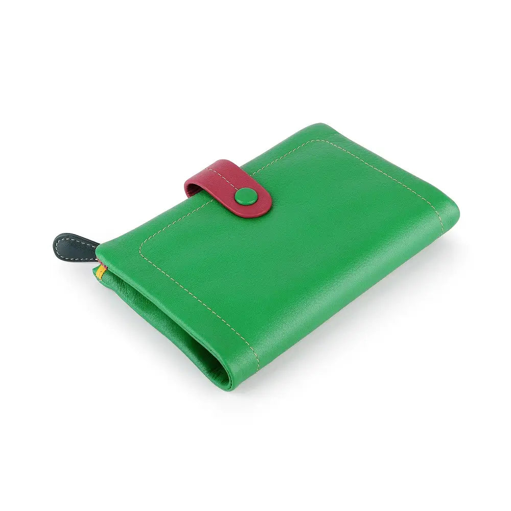 Top view of Green wallet with a red strap on a white background