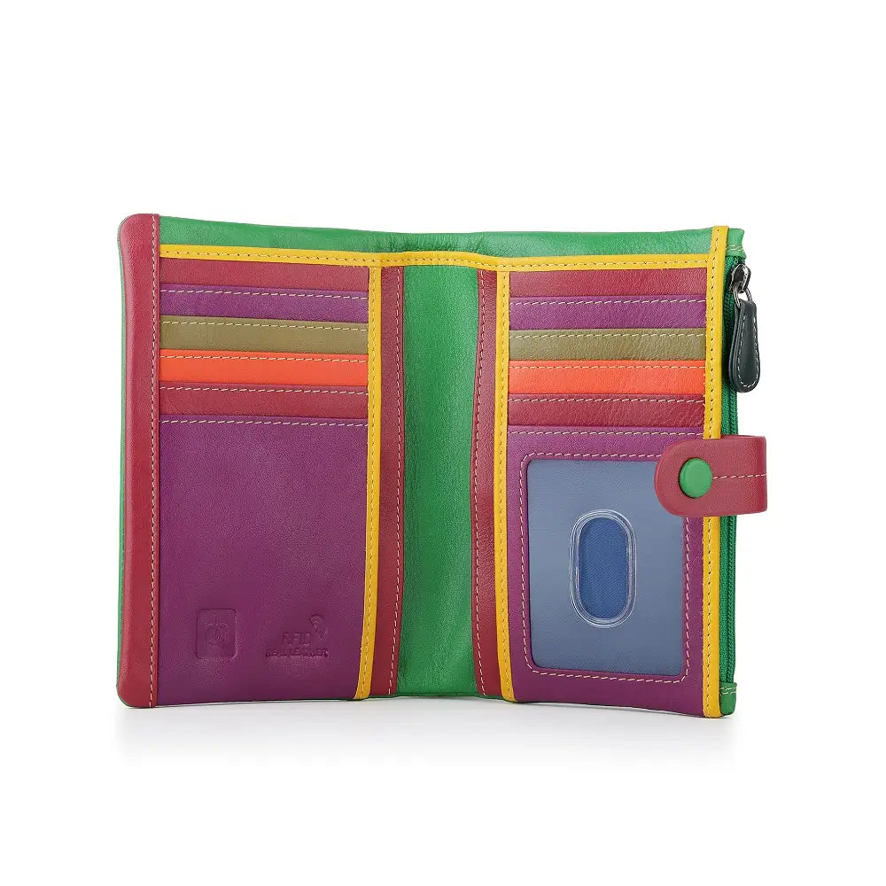 Inside view of Green wallet with striped pattern on a white background