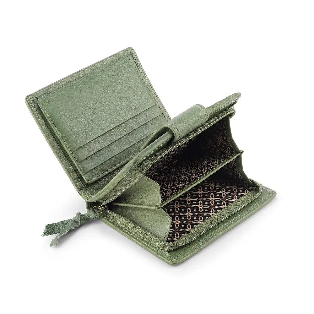 Open view of Green wallet with patterned interior on a white background