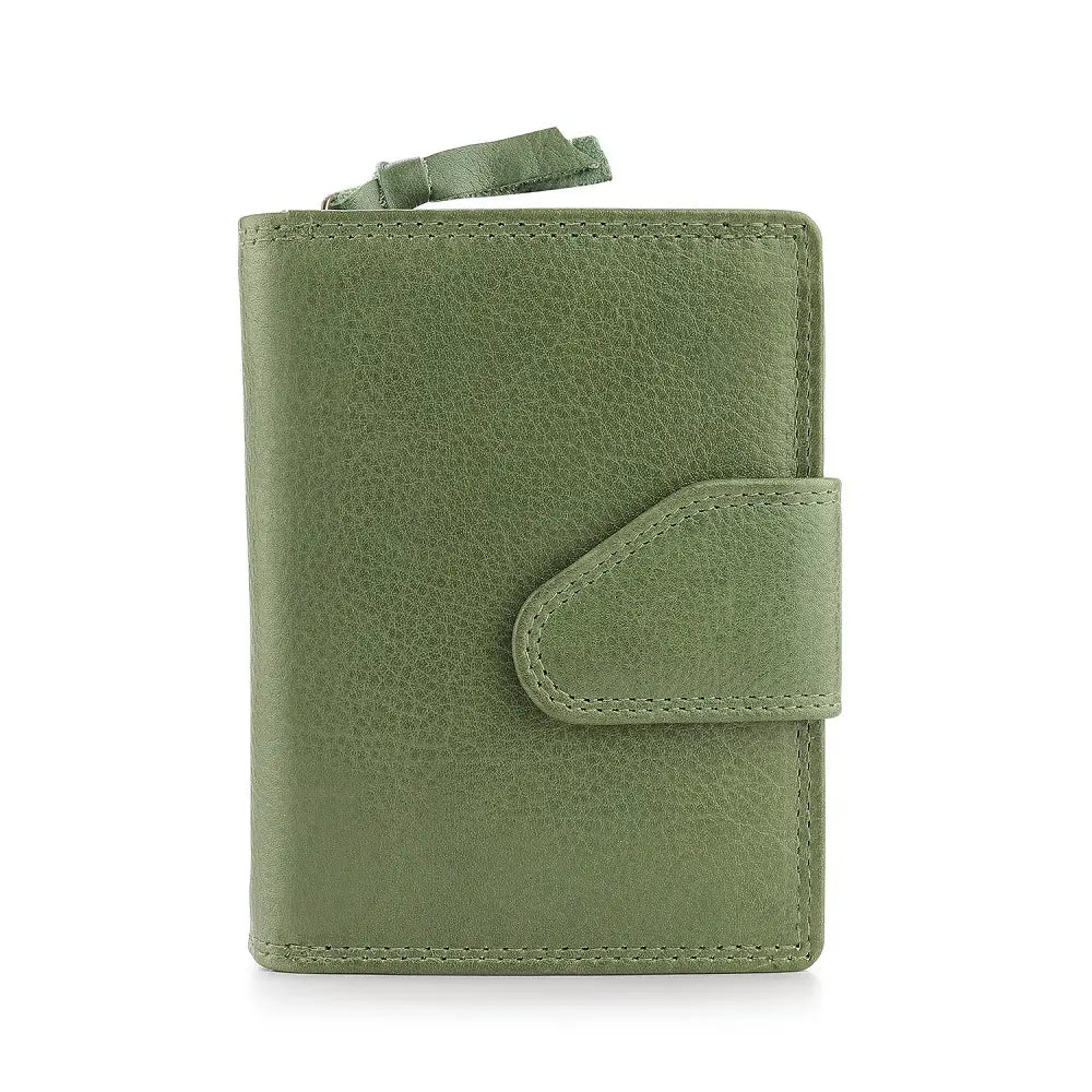 Front view of Green leather wallet with a strap on a white background