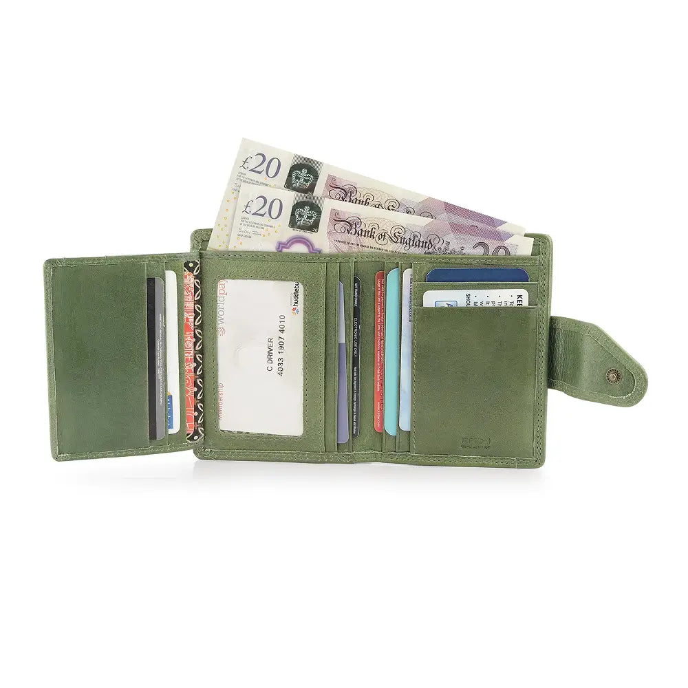 Inside view of Green wallet with money and cards on a white background