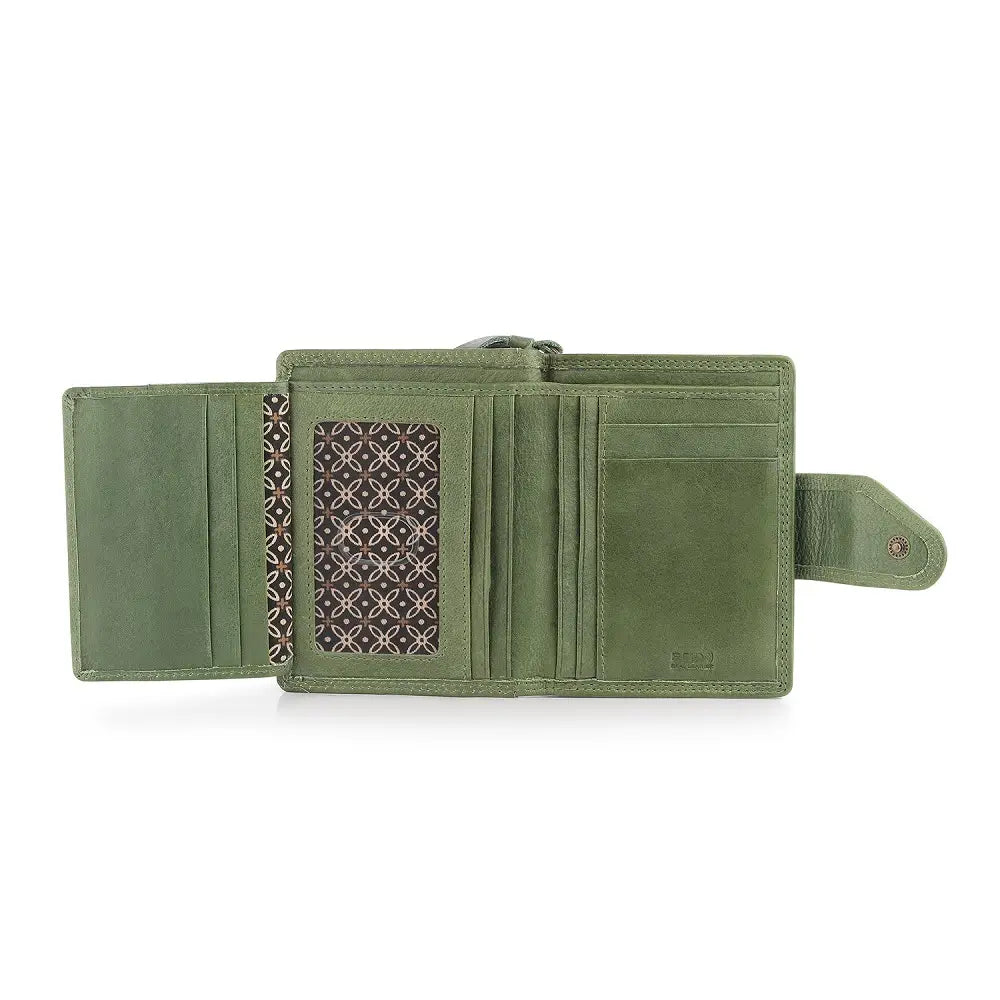 Green wallet with patterned card holder on a white background