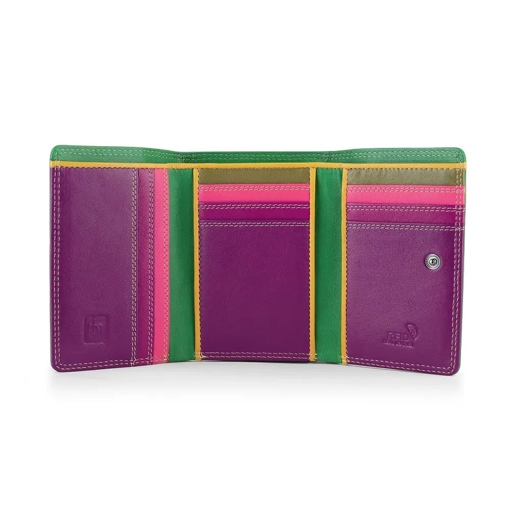 Green wallet with green, purple, and pink sections on a white background