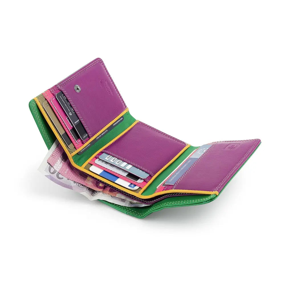 Green wallet with money and cards on a white background