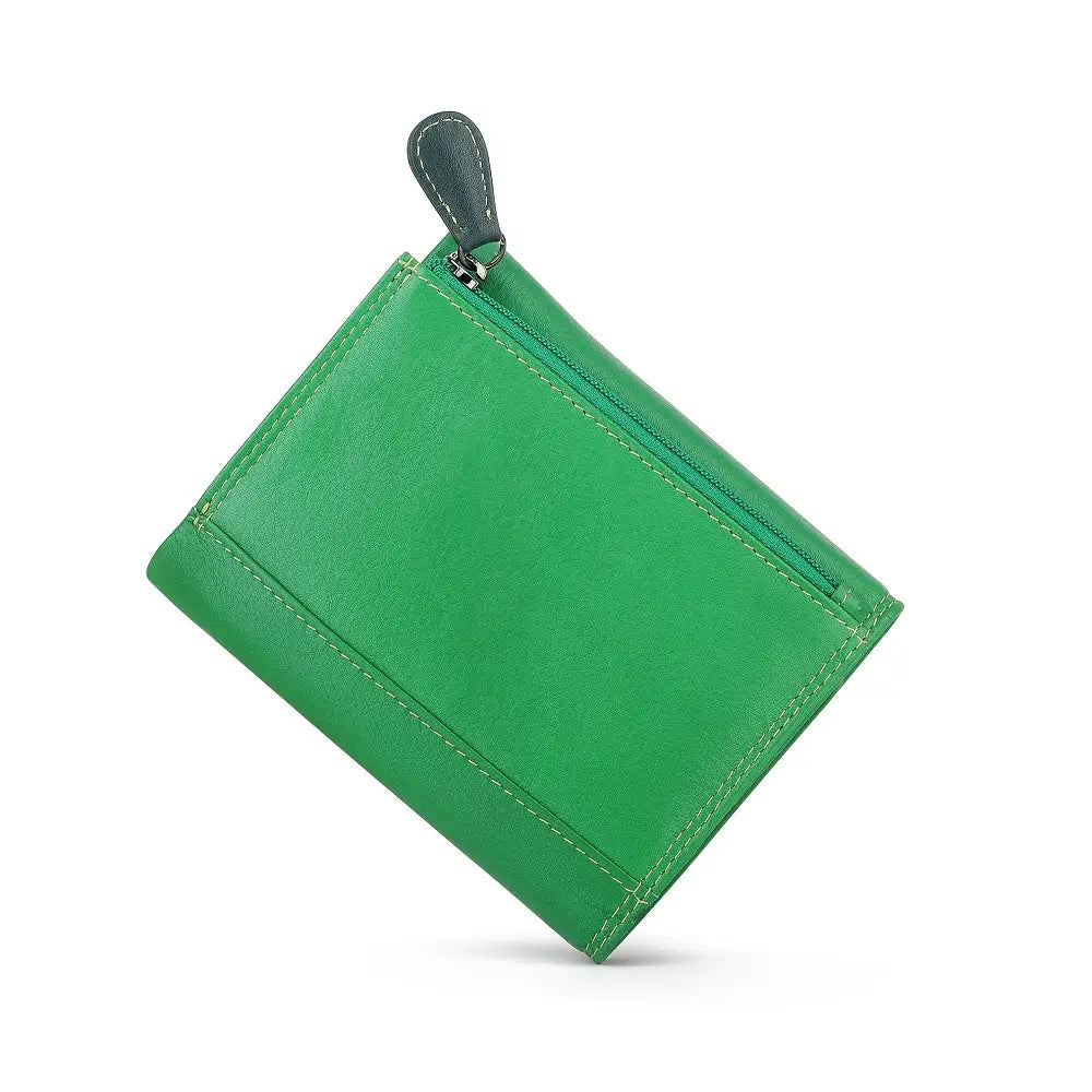 Green leather pouch with a zipper on a white background