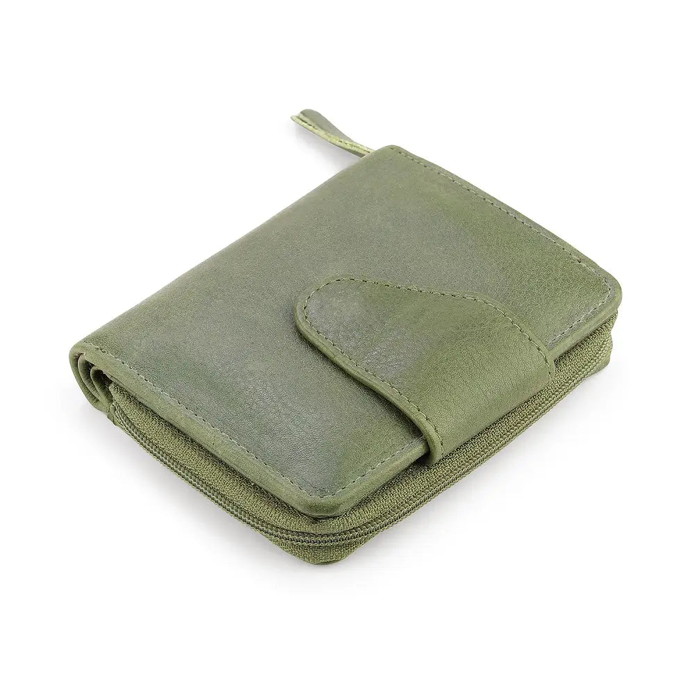 Green leather purse on a white background