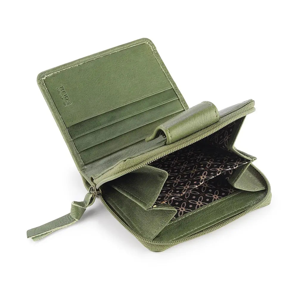 Green wallet with a patterned interior on a white background