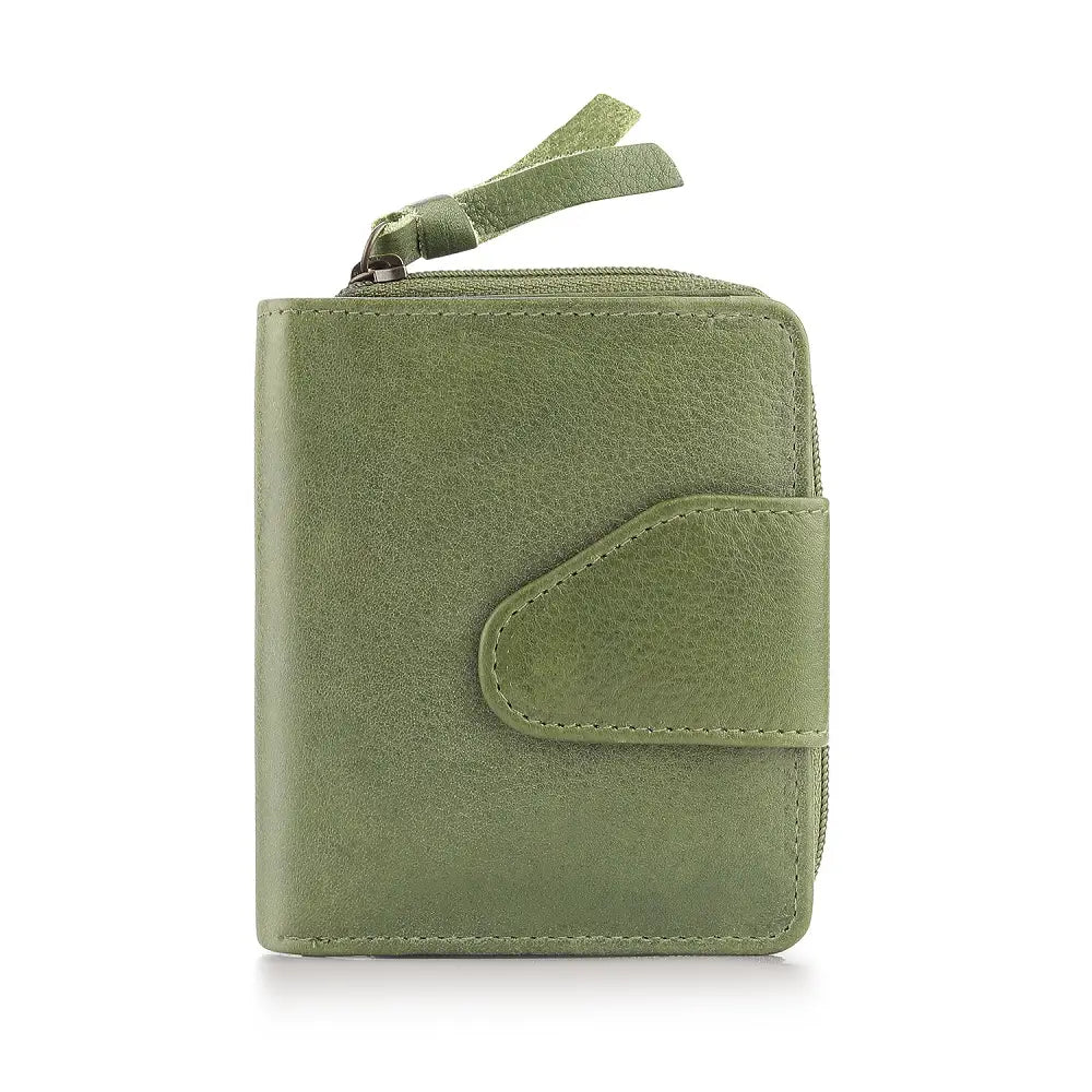 Green wallet with a zipper on a white background