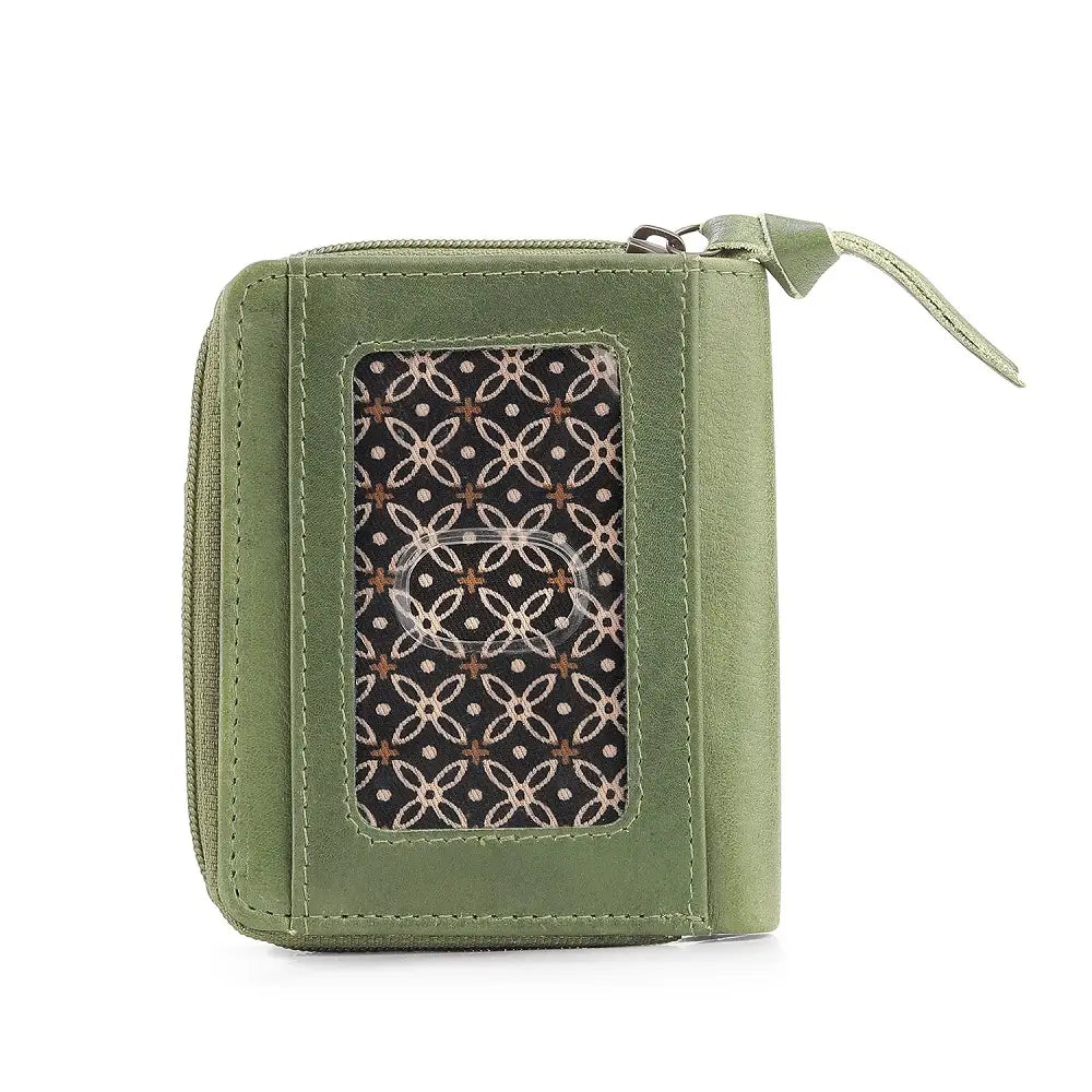 Green wallet with a patterned flap on a white background