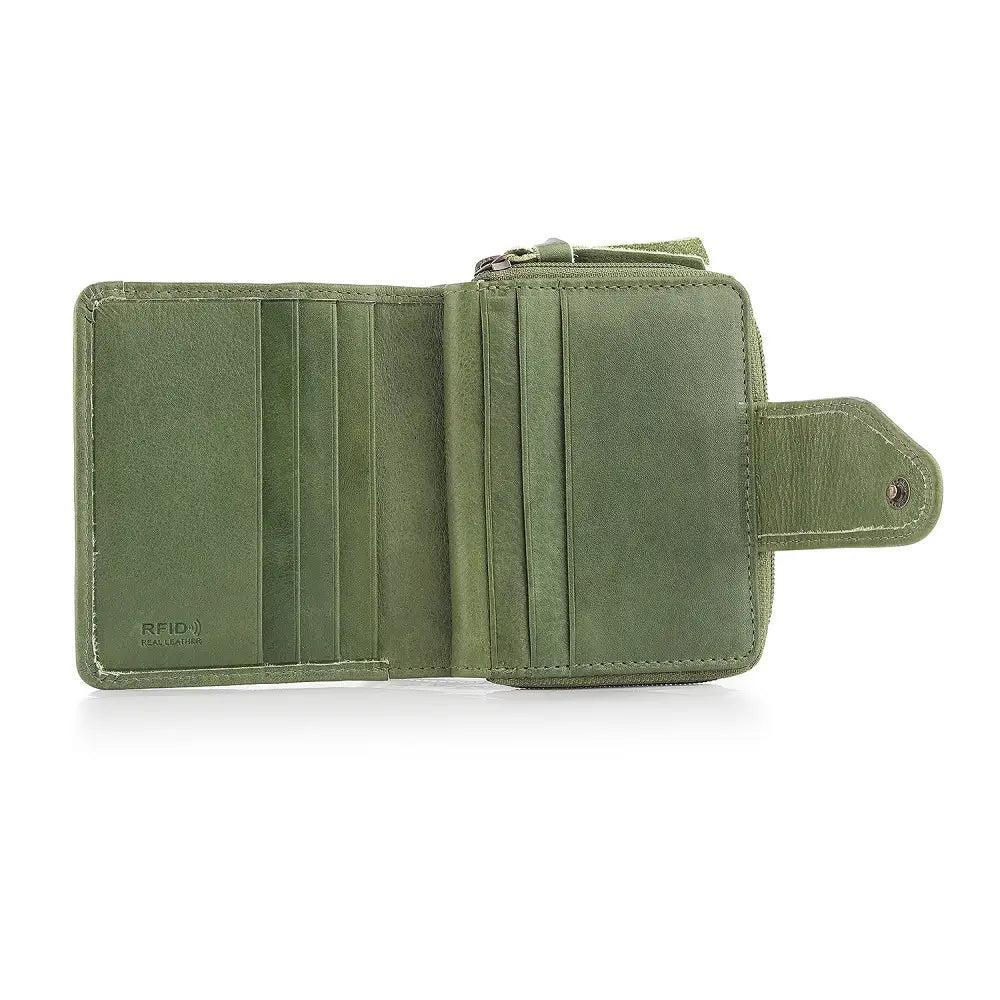 Green wallet with multiple card slots on a white background