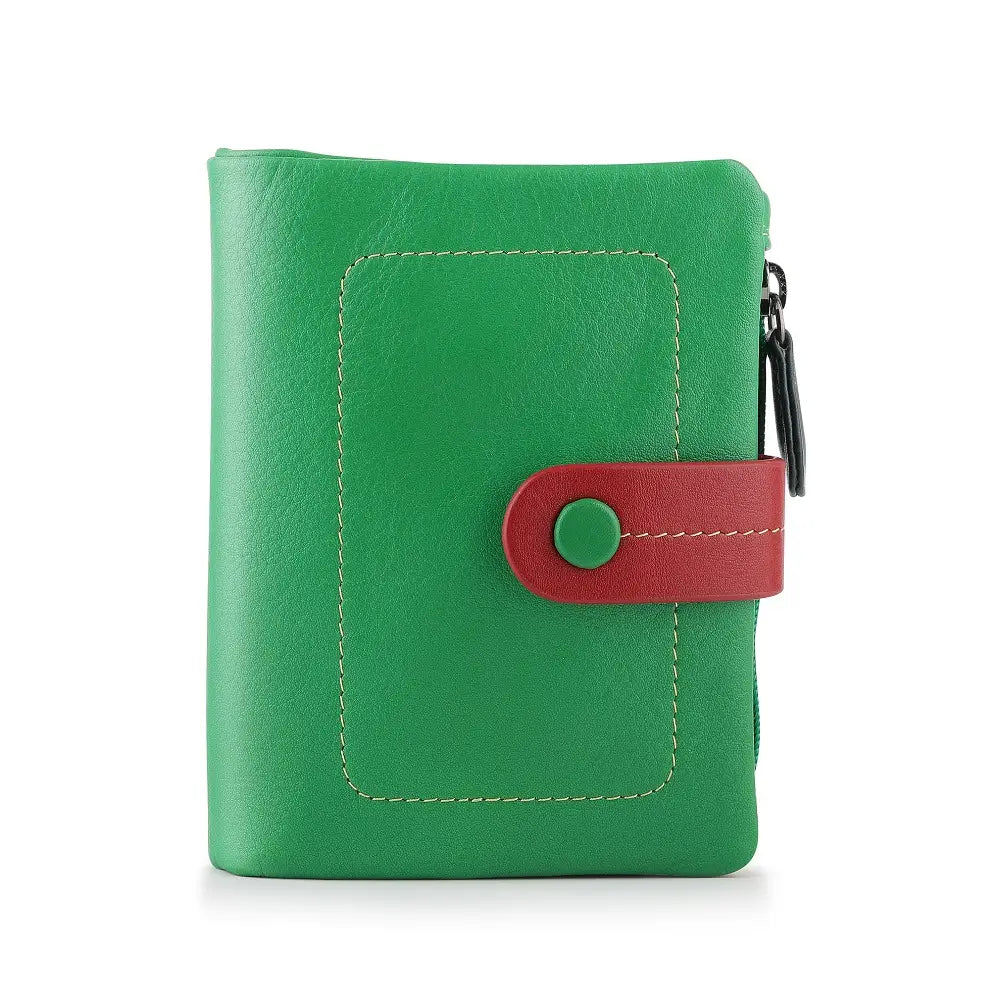 Front view of Green leather wallet with a red flap on a white background