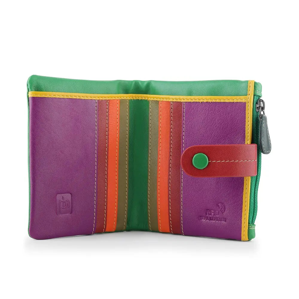 Front view of Green leather wallet with a red flap on a white background