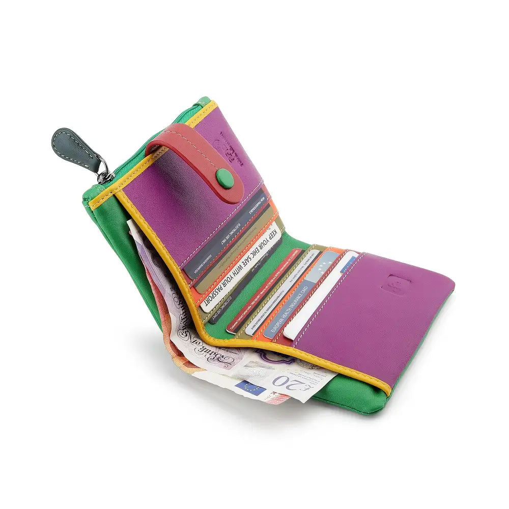 Green wallet with money and cards on a white background 