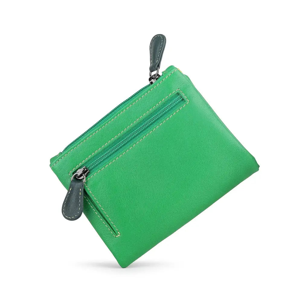 Back view of Green wallet with a zipper on a white background