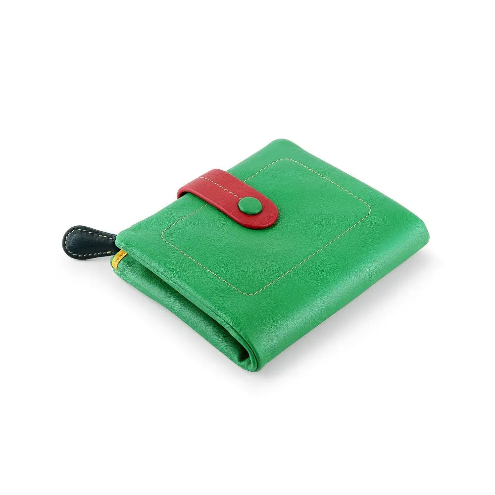 Green wallet with a red strap on a white background