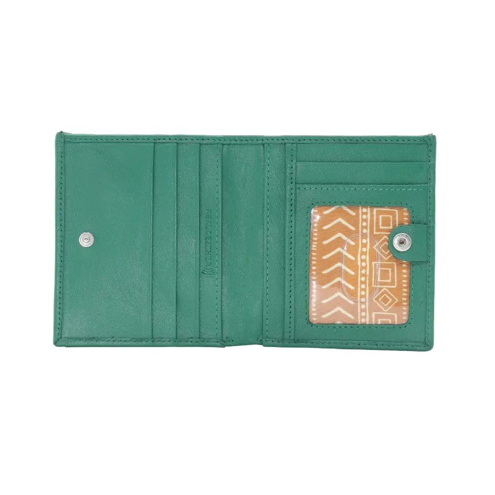 Green wallet with a patterned card holder on a white background
