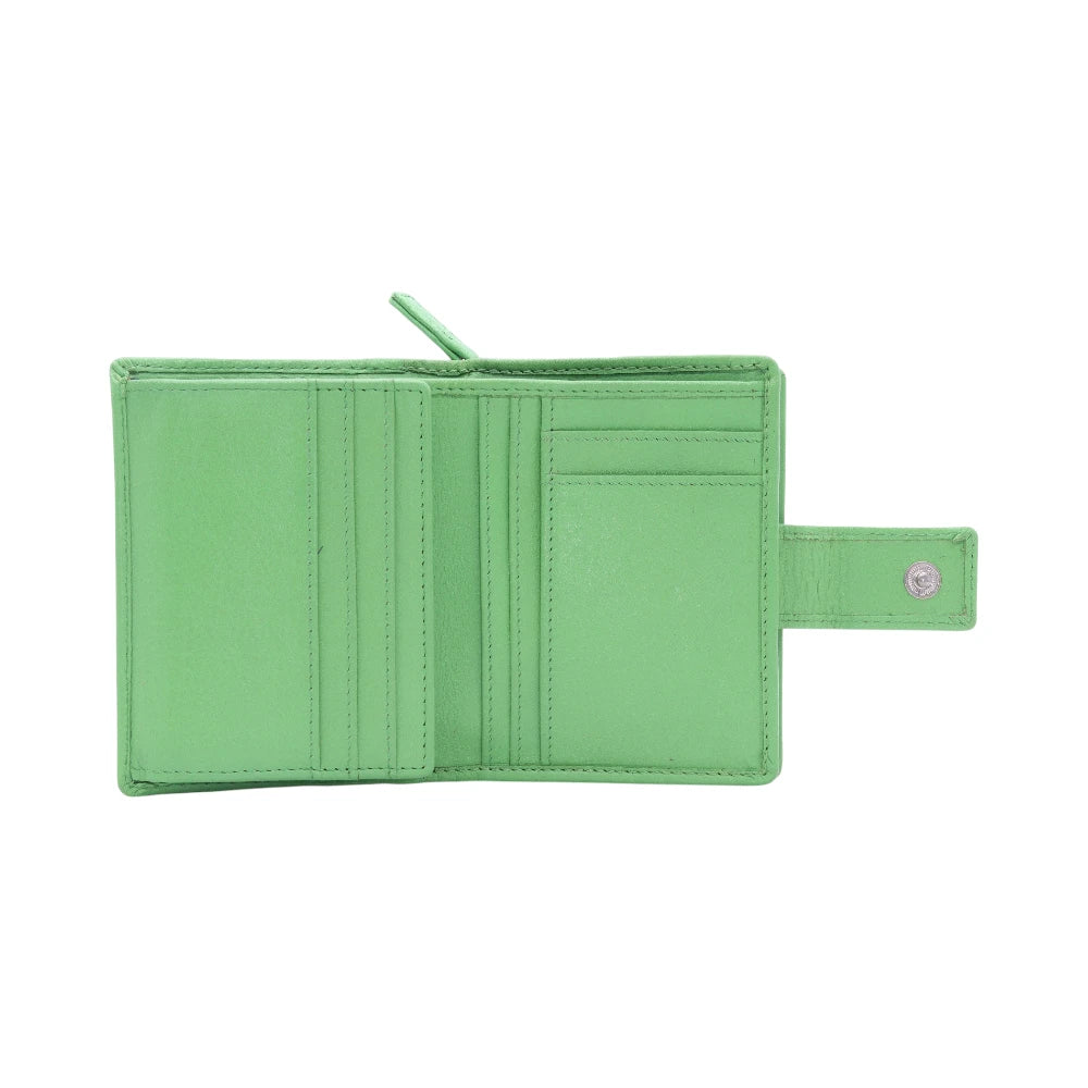 Open view of Green leather purse  on a white background
