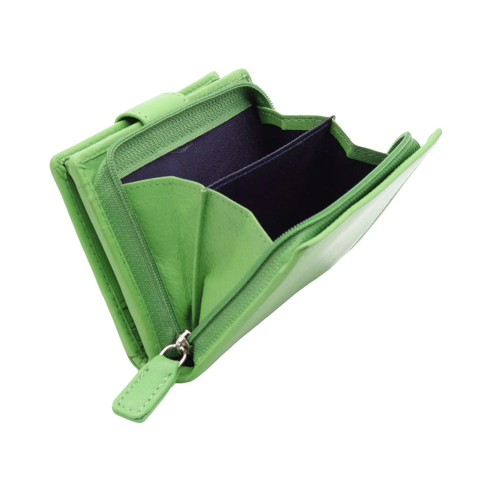 Inside view of Green leather purse  with a zipper on a white background