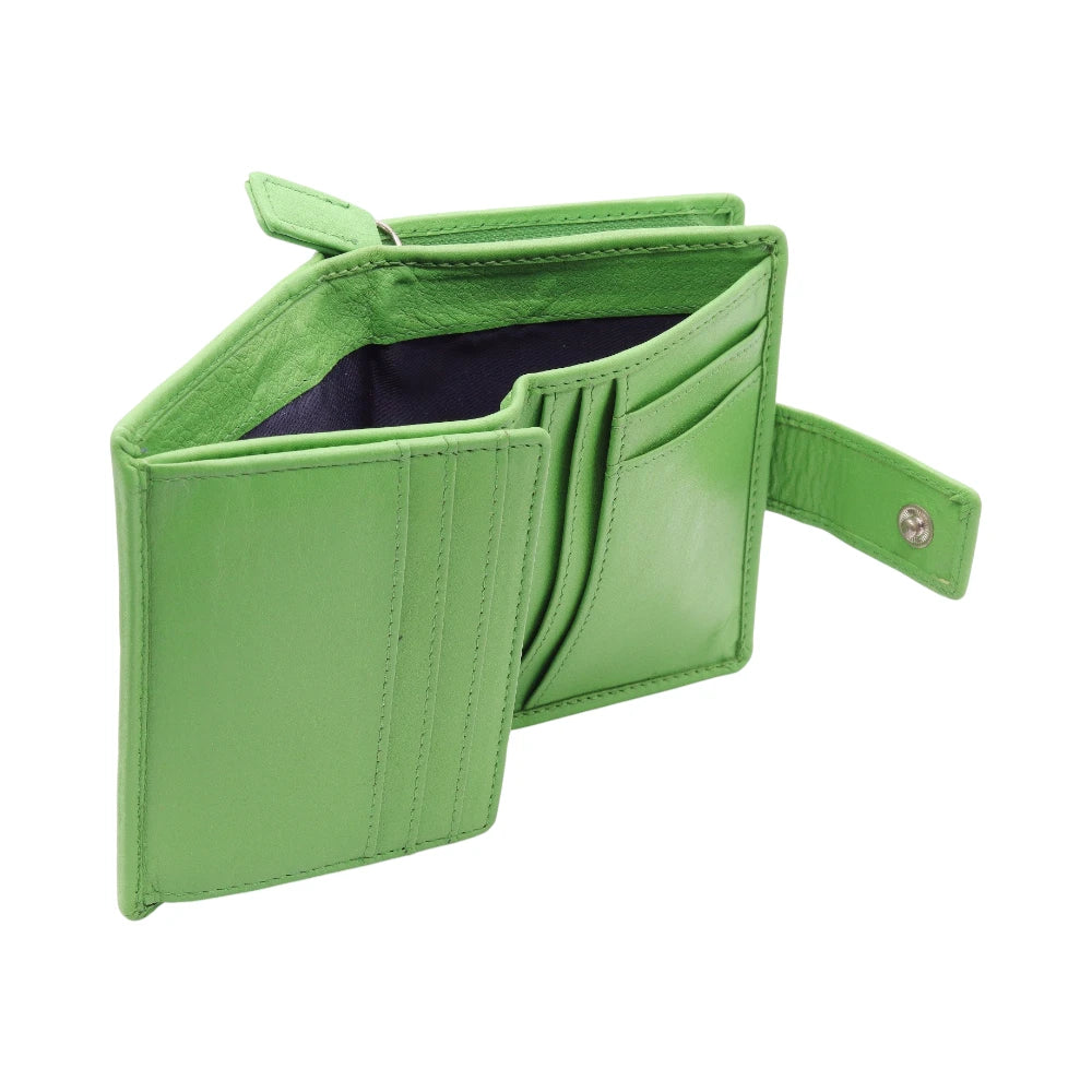 Open view of Green leather purse  on a white background