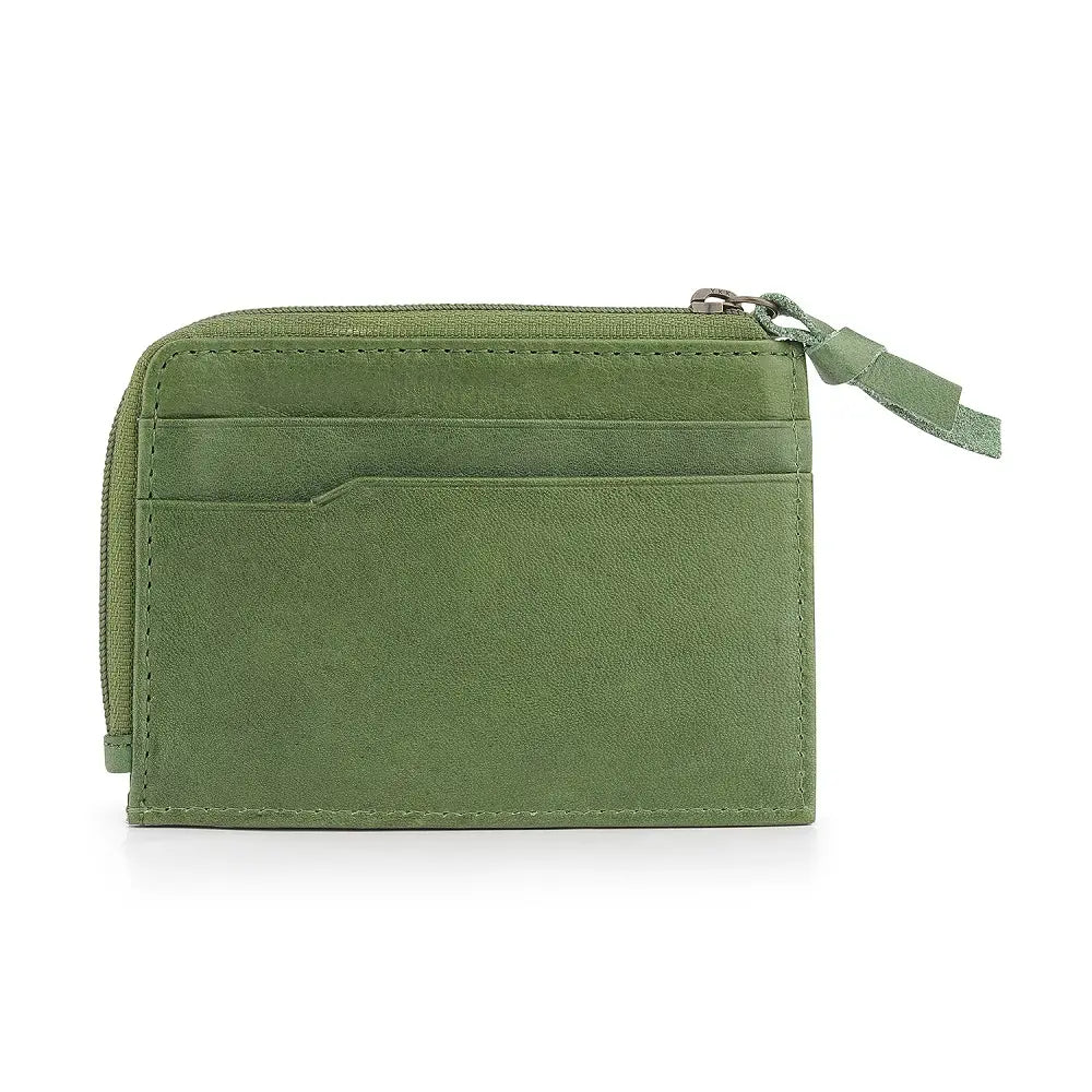 Green wallet with a zipper on a white background