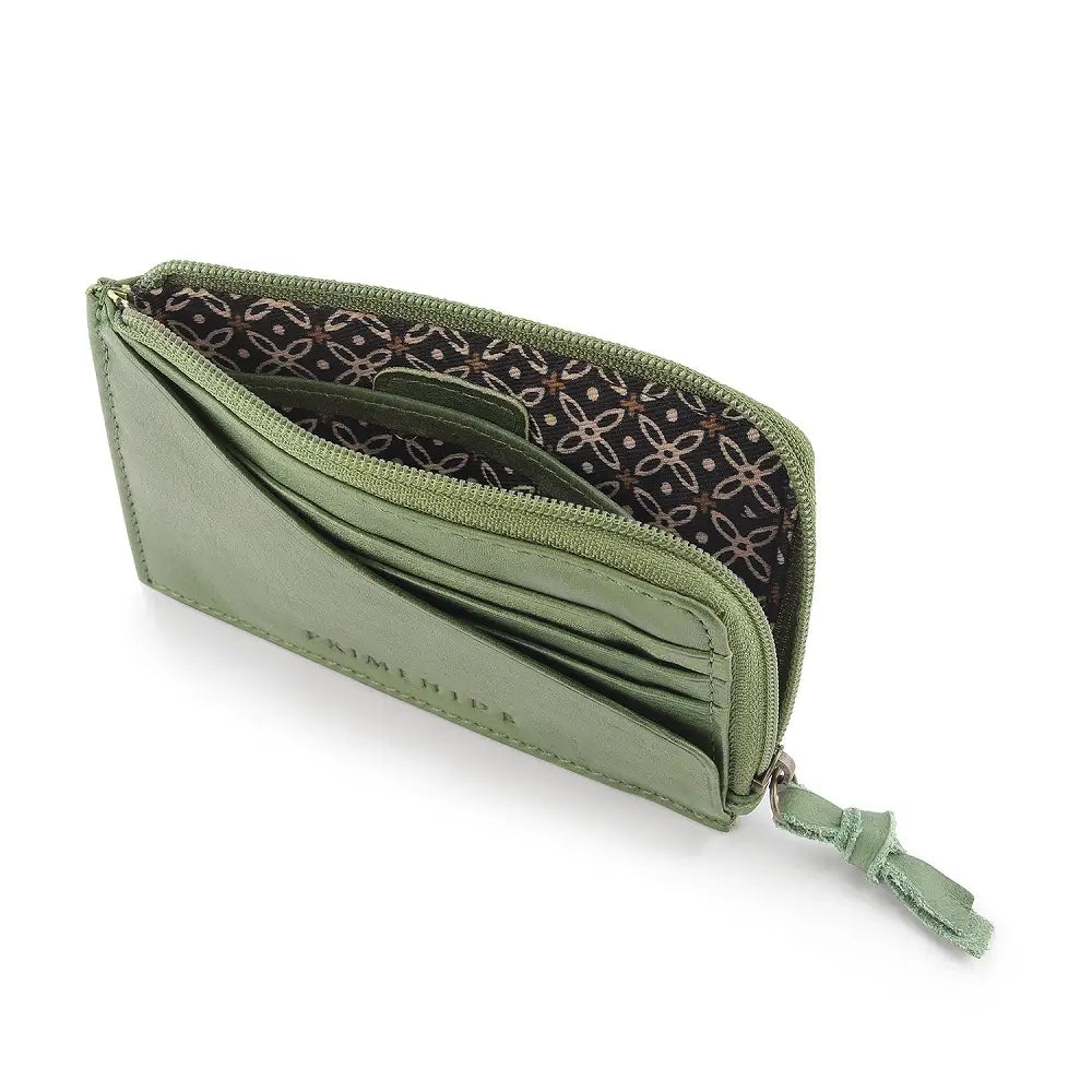Green wallet with zipper on a white background