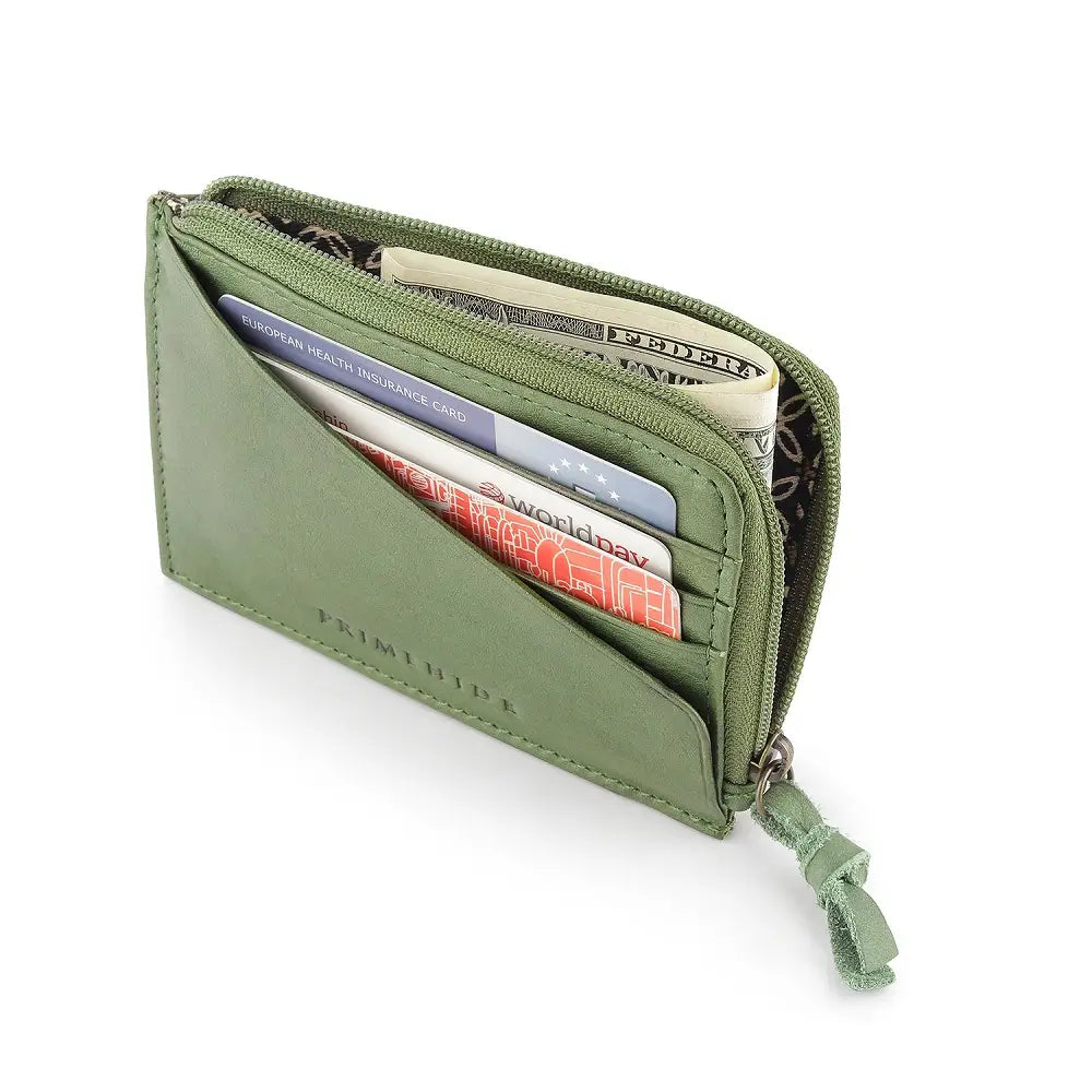 Green wallet with money and cards on a white background