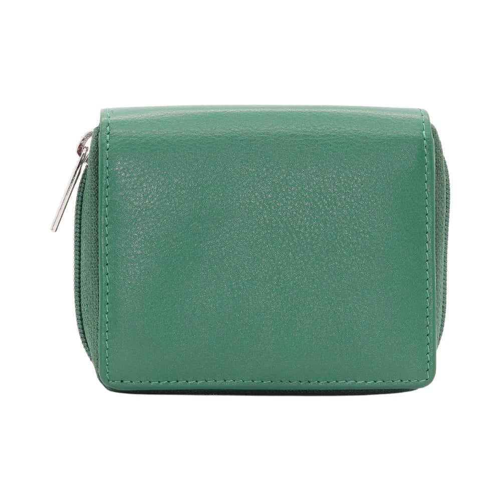 Green leather purse with a zipper on a white background