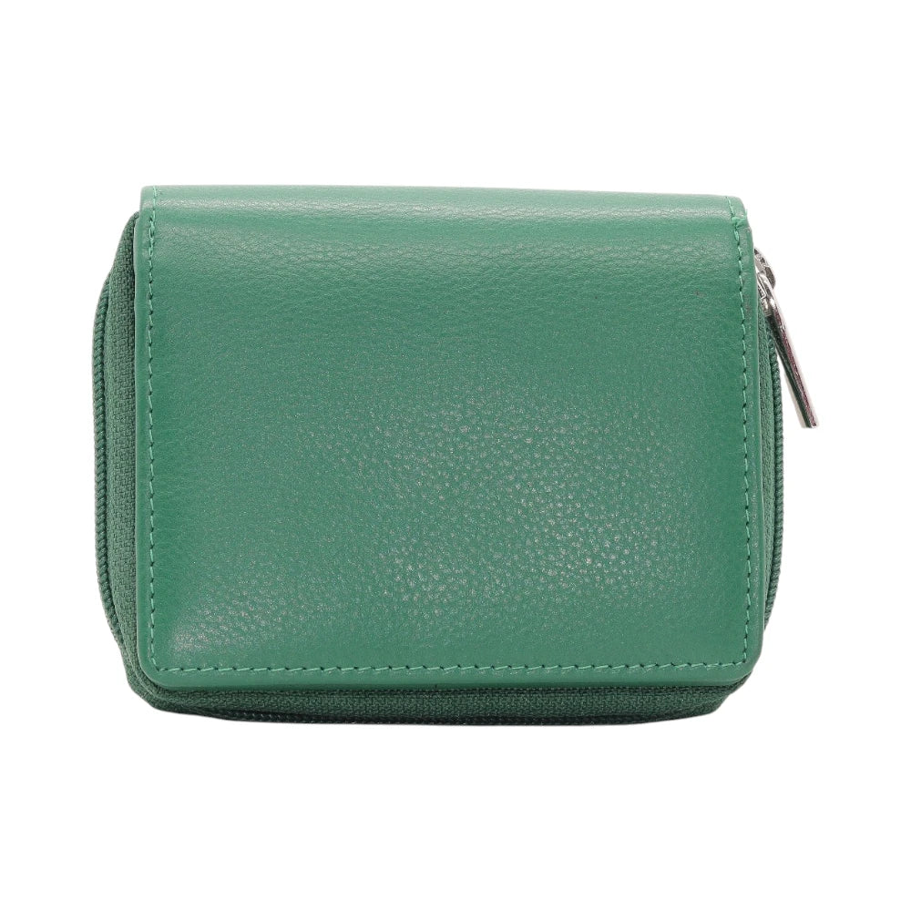 Green leather purse on a white background