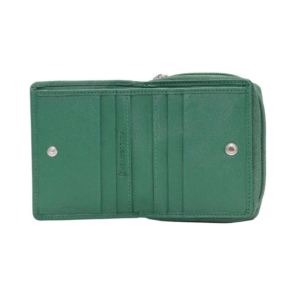 Open view of Green purse with visible brand logo on a white background