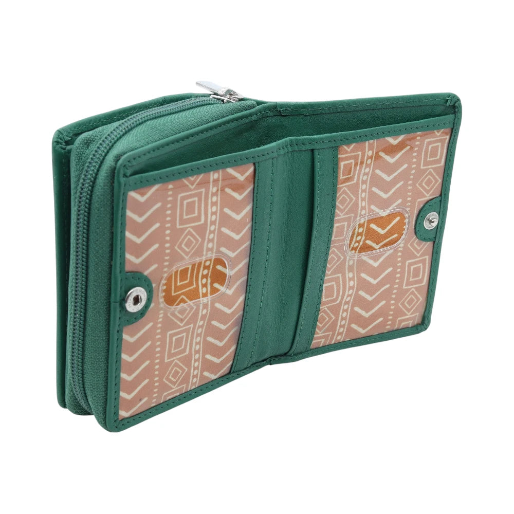 Green purse with patterned sections on a white background