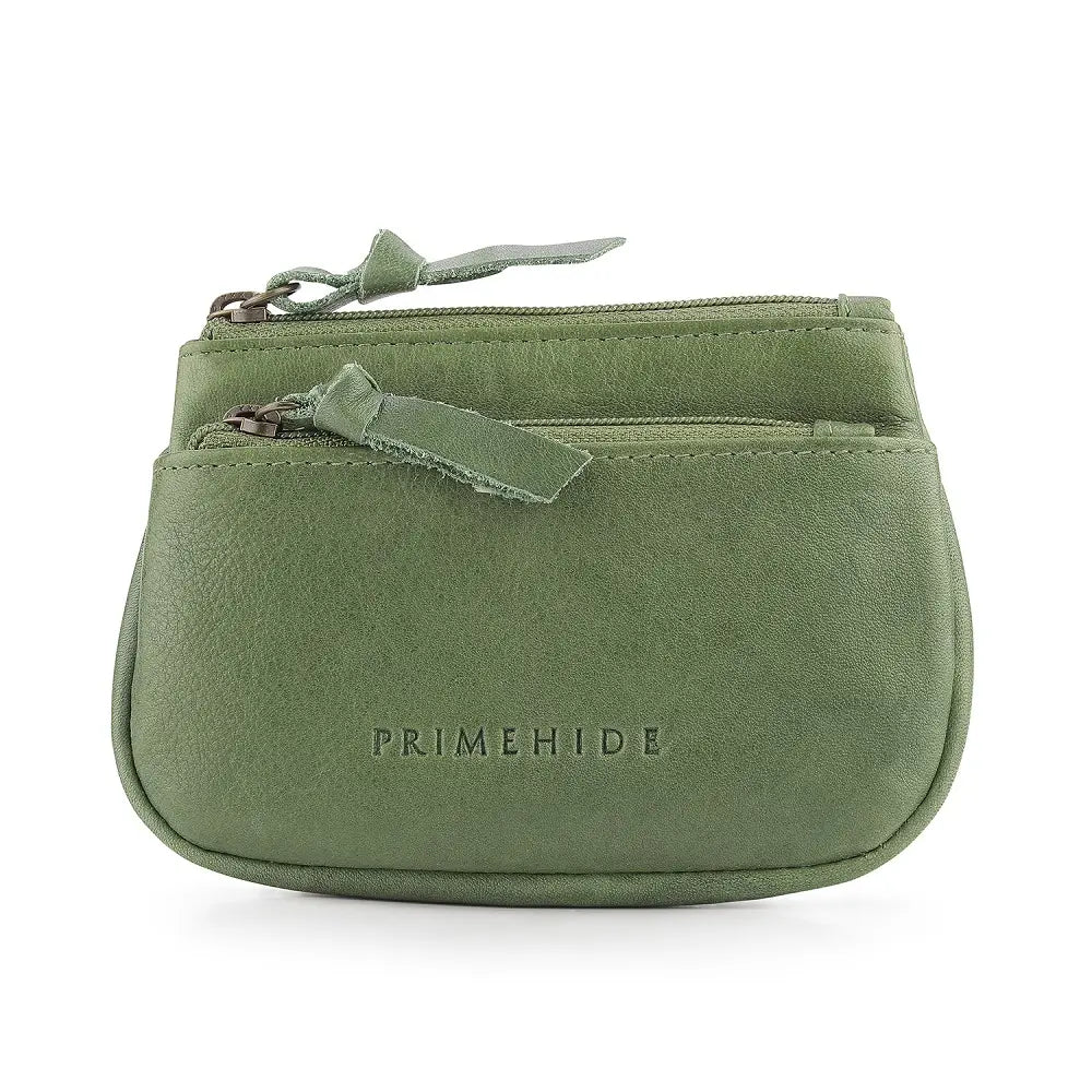 Front view of Green leather pouch with 'Primehide' branding on a white background