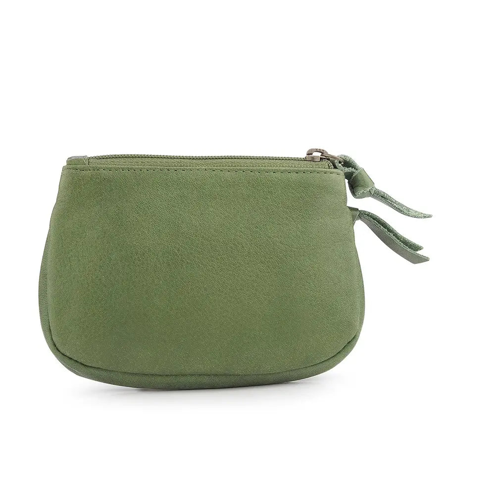 Back view of Green coin purse with a zipper on a white background