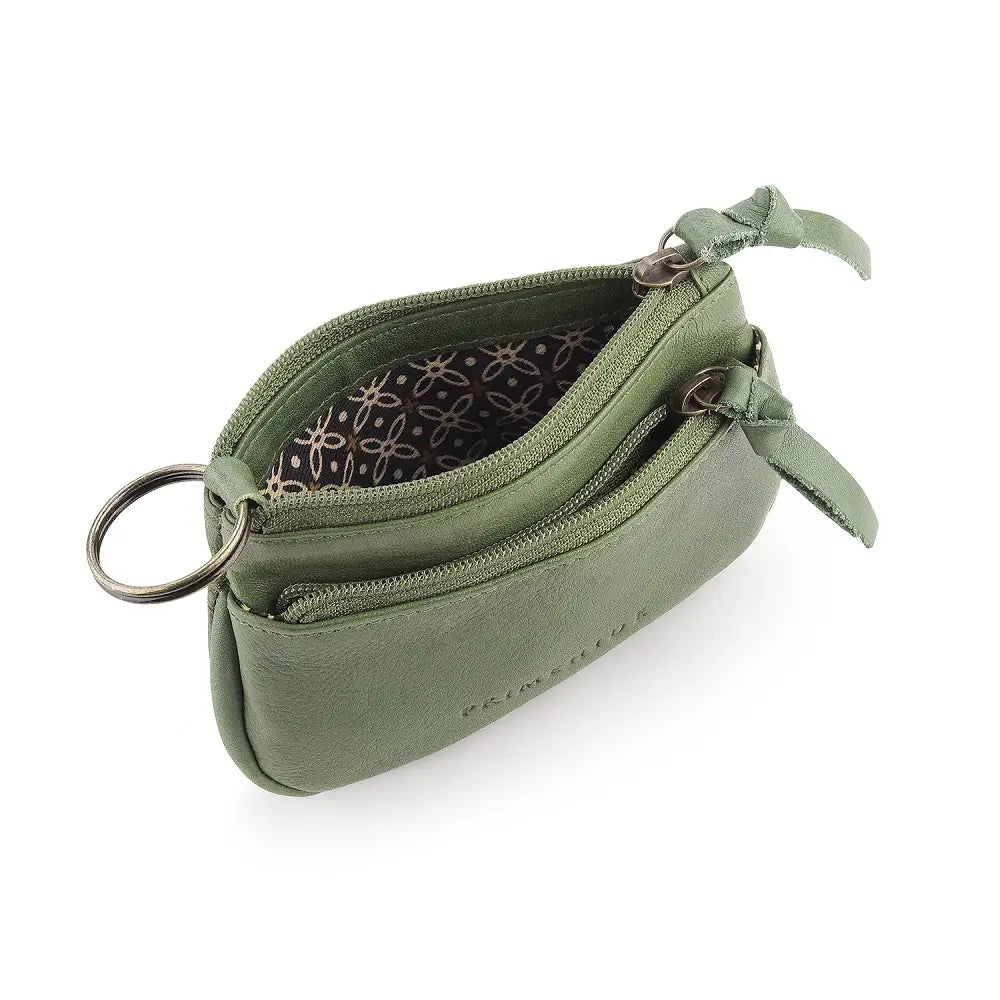 Green zipper pouch with key ring on a white background