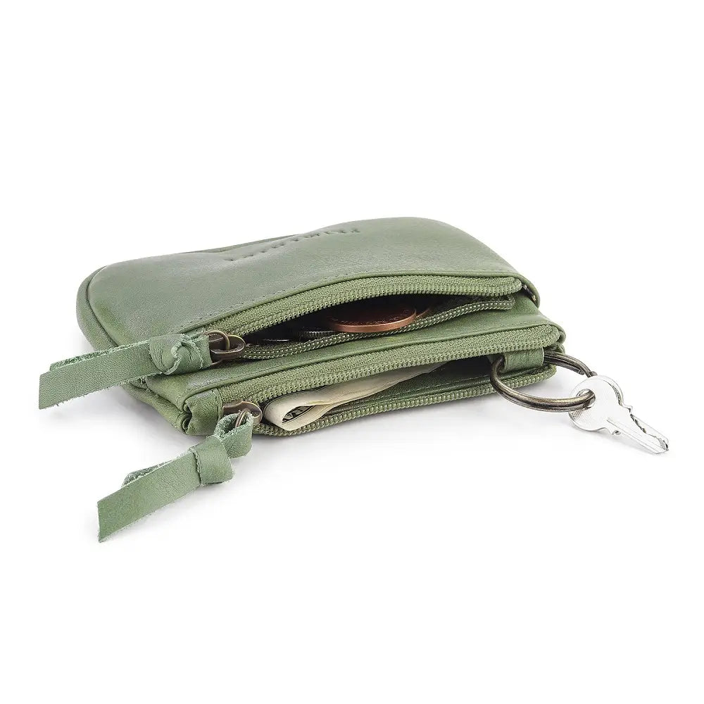 Green wallet with keychain on a white background