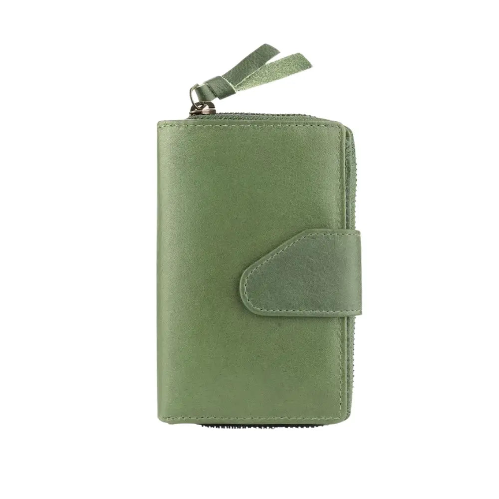 Front view of Green wallet with strap on a white background