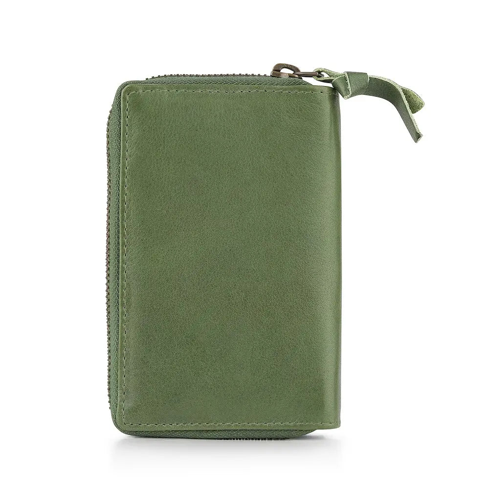 Back view of Green leather wallet with a zipper on a white background