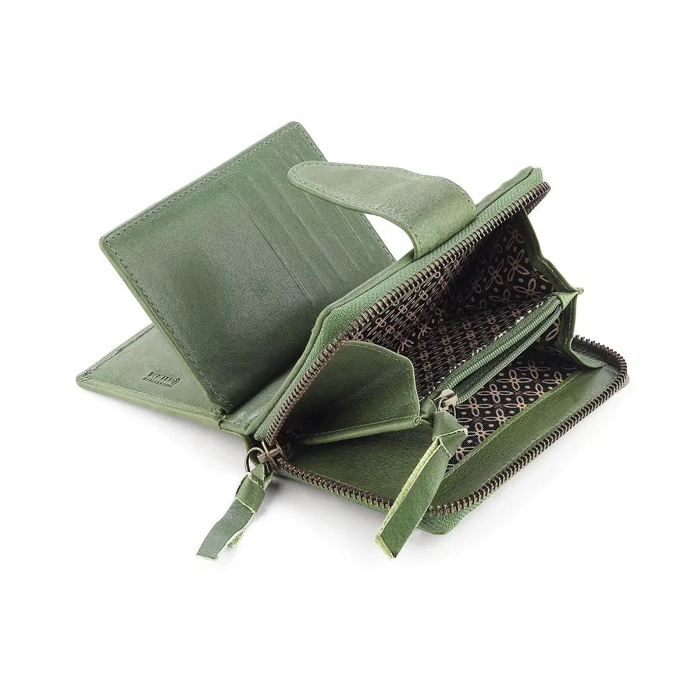 Open view of Green leather wallet with a zipper on a white background