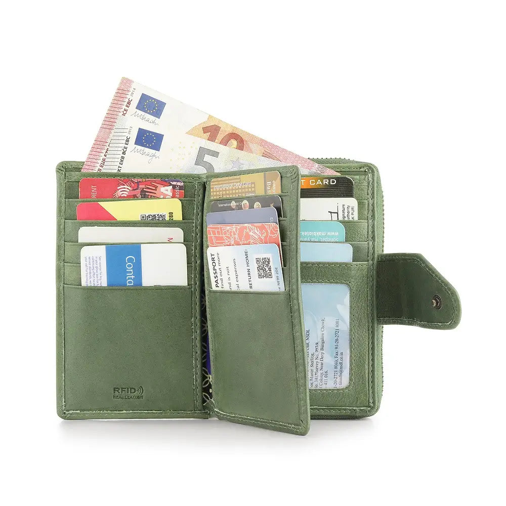 Inside view of Green wallet with various cards and money on a white background