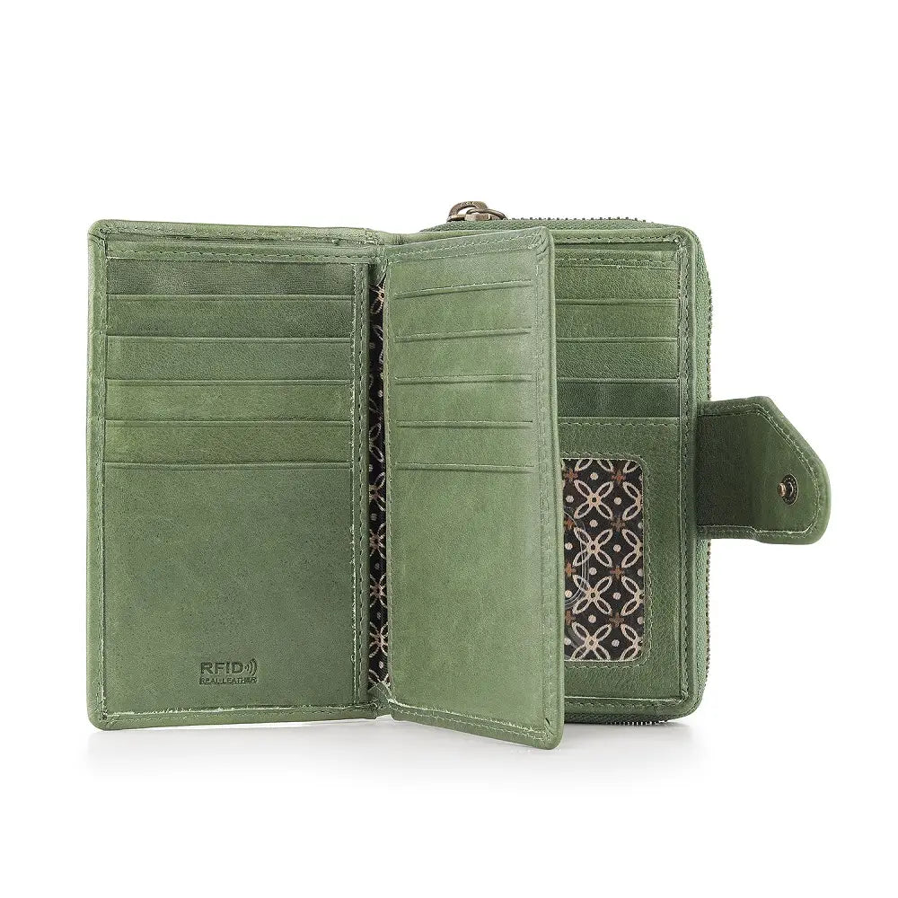 Open view of Green wallet with open design on a white background
