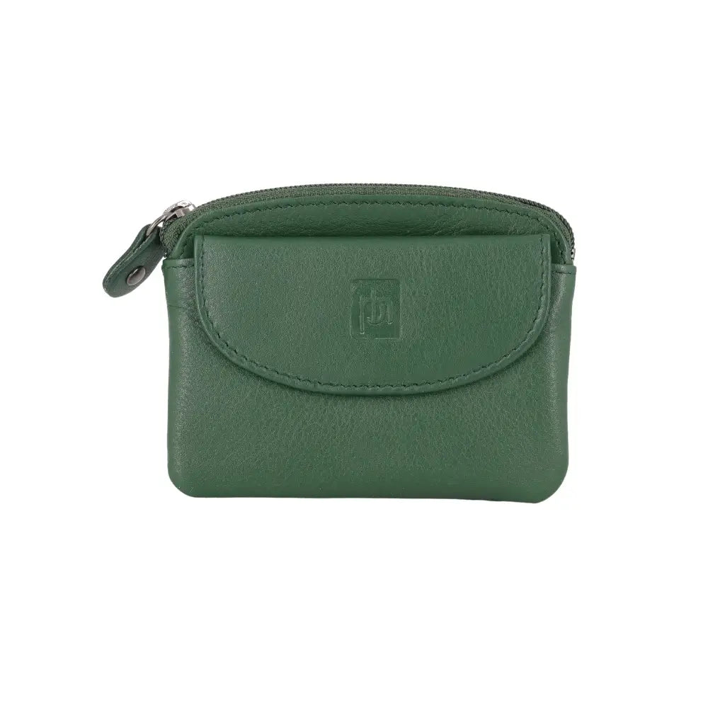 Green leather wallet with a zipper on a white background