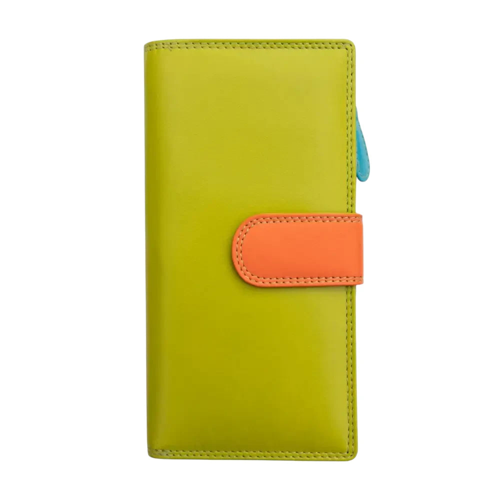 Front view of Green wallet with an orange patch on a white background