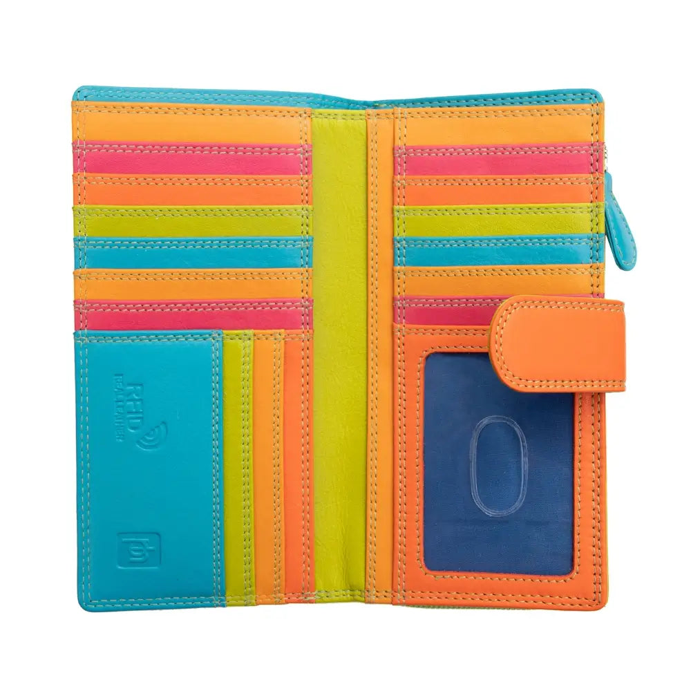 Green striped wallet with a visible brand logo on a white background