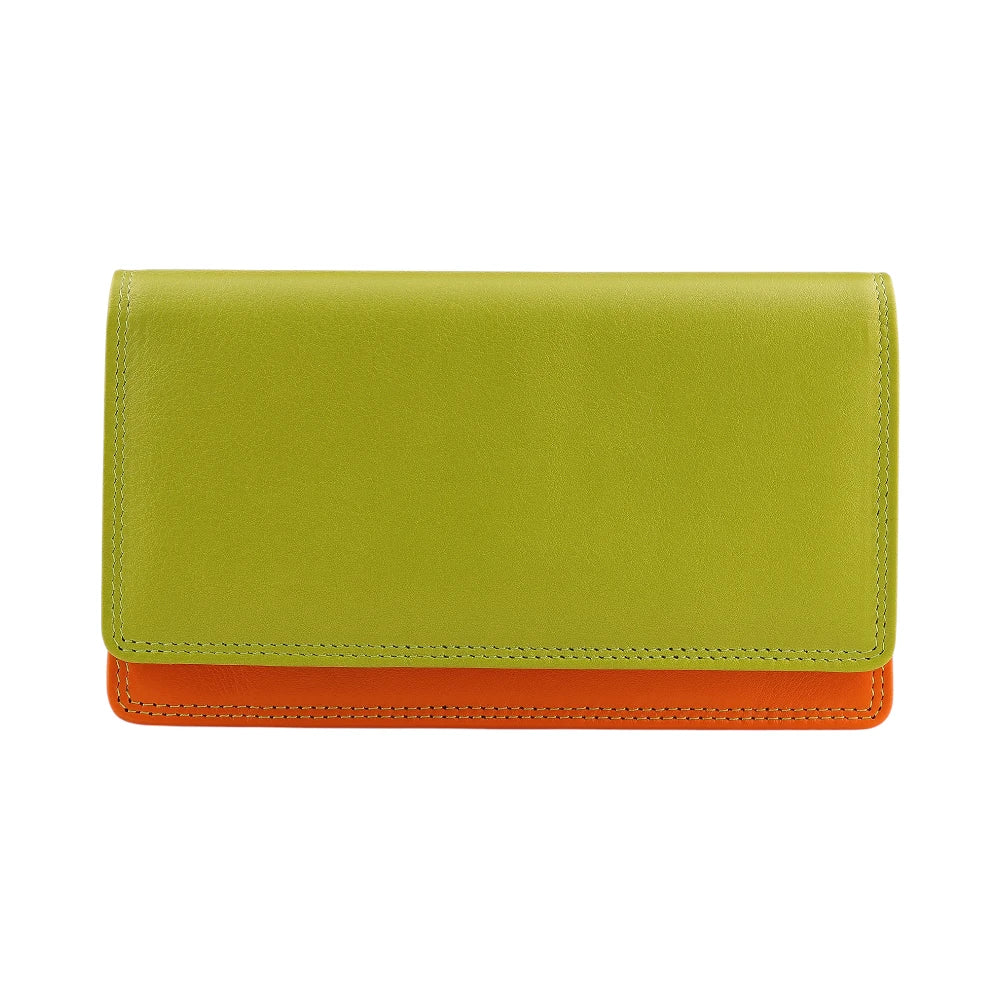 Front view of Green wallet with orange bottom section on a white background