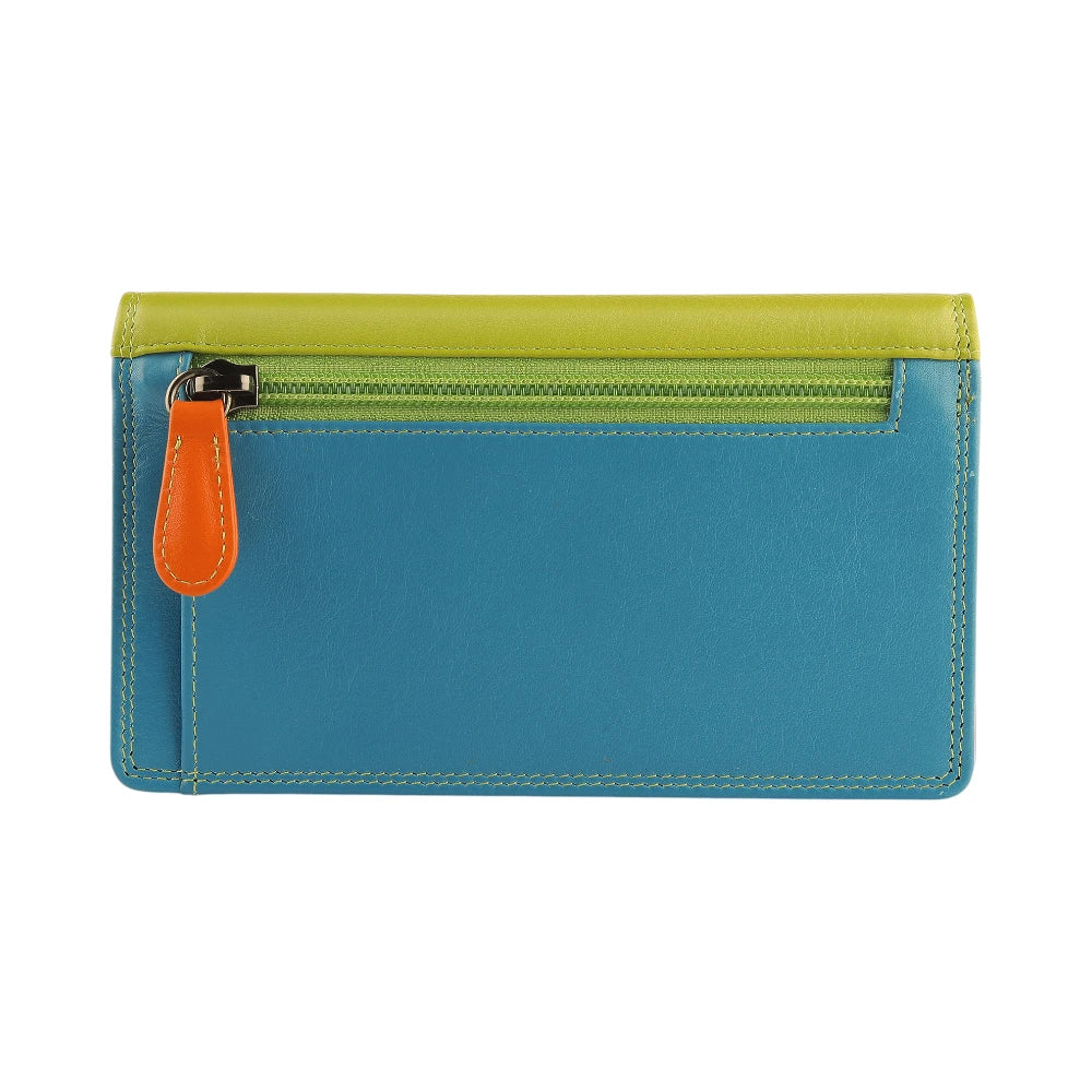 Back view of Green wallet with blue bottom section on a white background