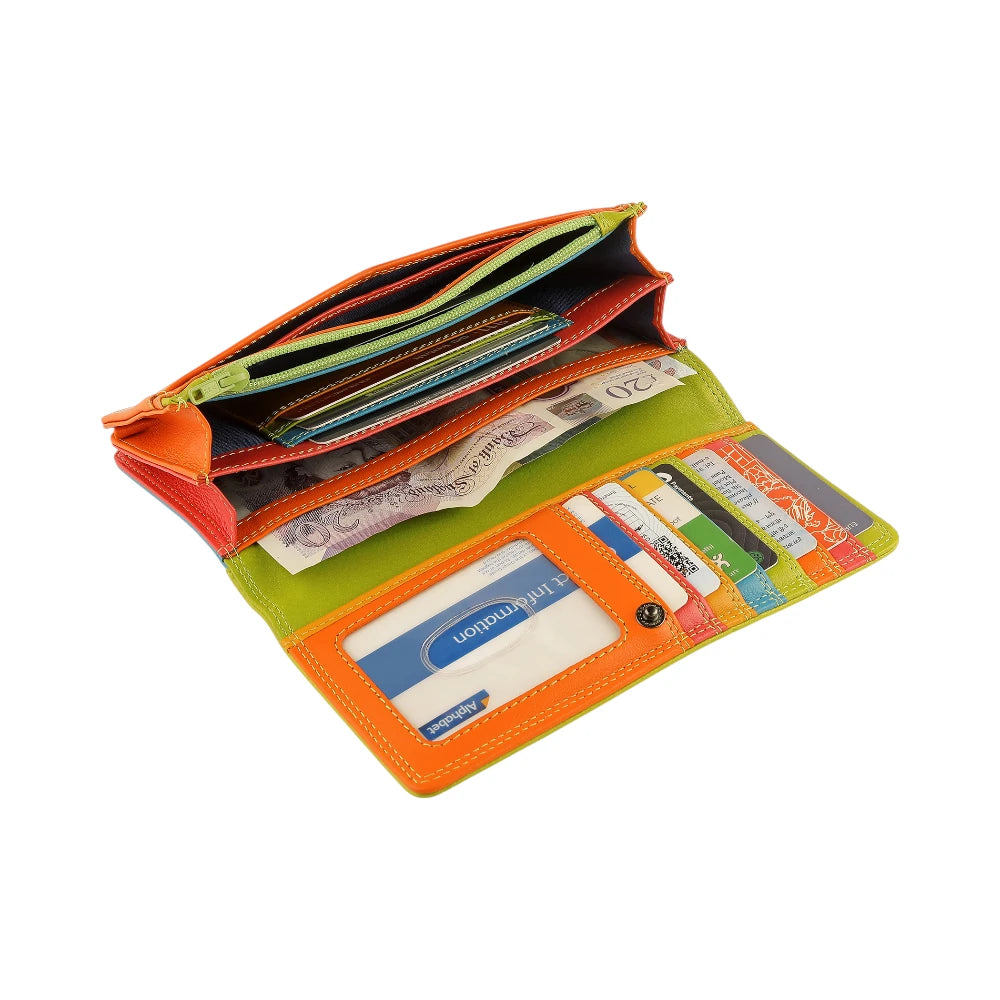 Organised view of Green wallet with orange bottom section on a white background